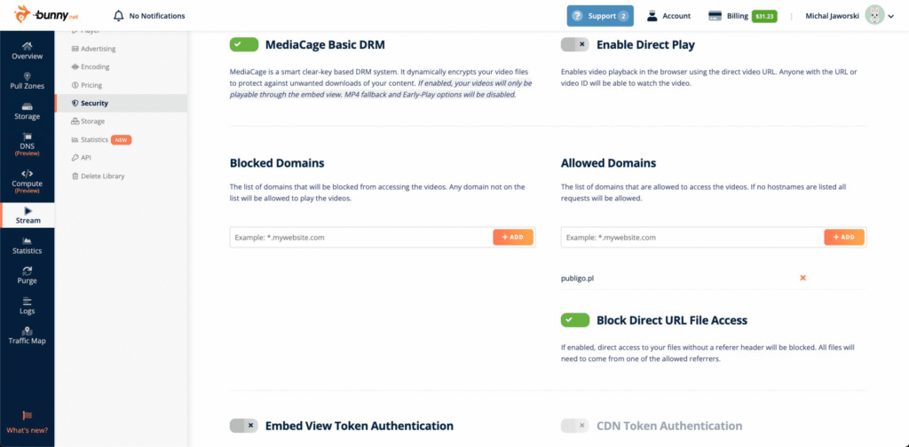 Hosting wideo Bunny.net - Stream - Dodawanie nowej biblioteki - Security