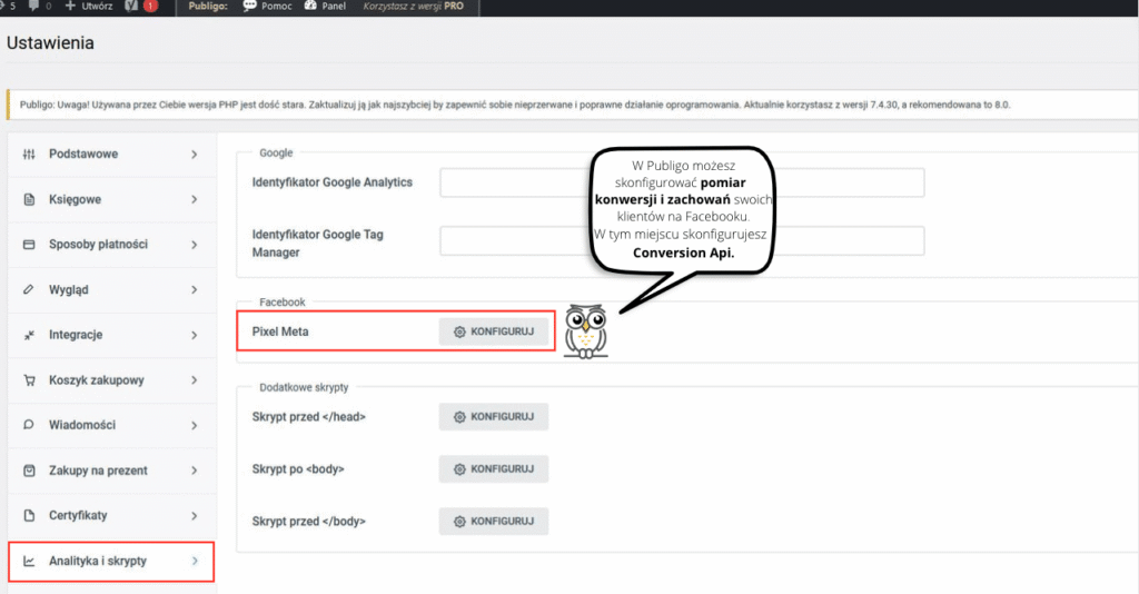 Ustawienia Publigo. Conversion Api.