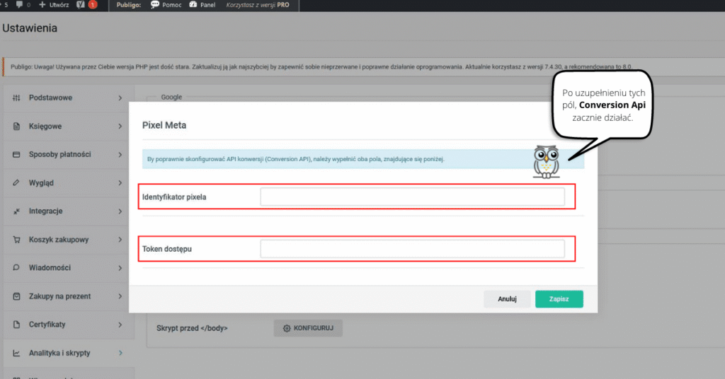 Ustawienia Publigo. Conversion Api.