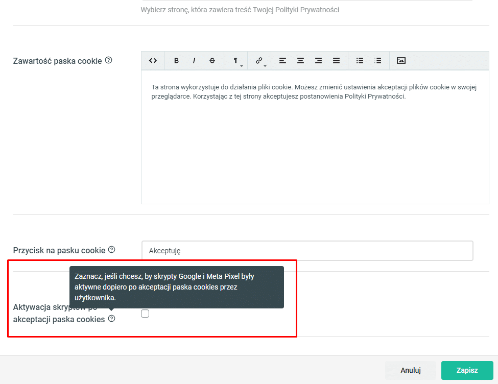Aktualizacja dodała dodatkowy checkbox w edytorze paska cookies.